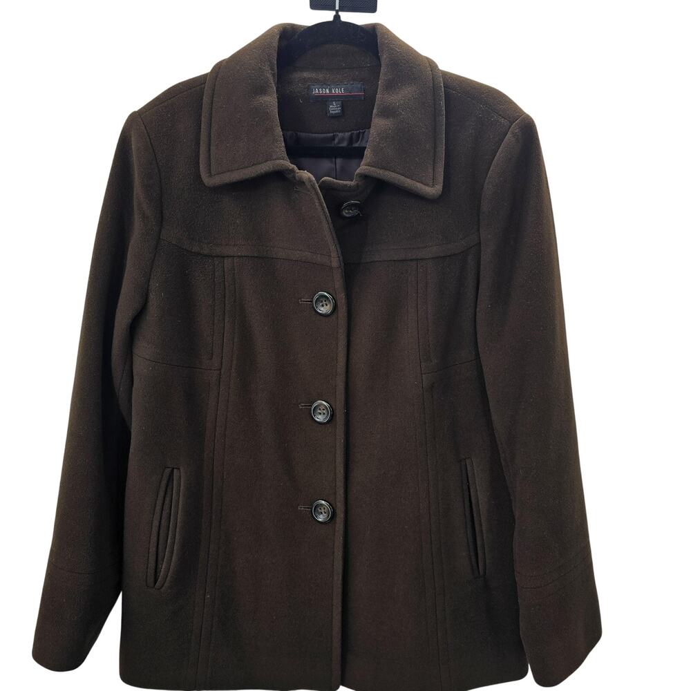 Jason Kole Coat Womens Large Brown Wool Blend Mid Length Jacket Blazer Lined - Picture 5 of 6